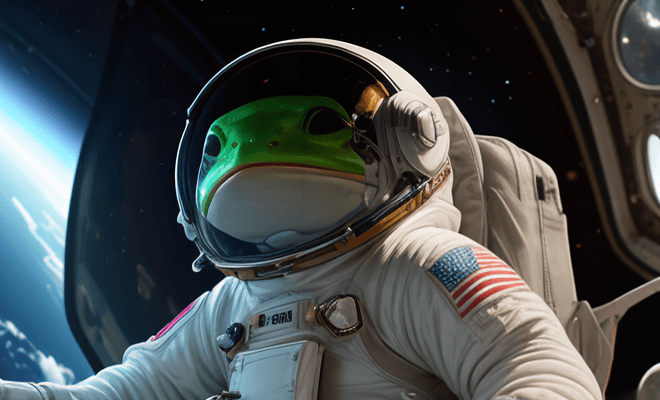 An astronaut frog in space